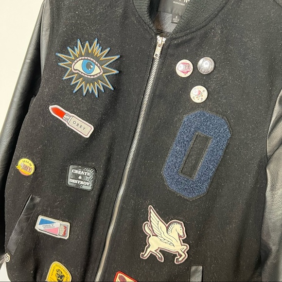 Obey black faux leather sleeves Embroidered Patch bomber jacket S - Picture 9 of 9